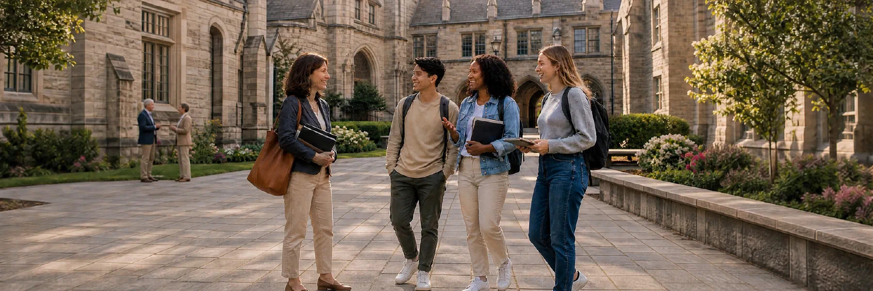 A professor in conversation with three students, with two professors talking in the background of a university courtyard